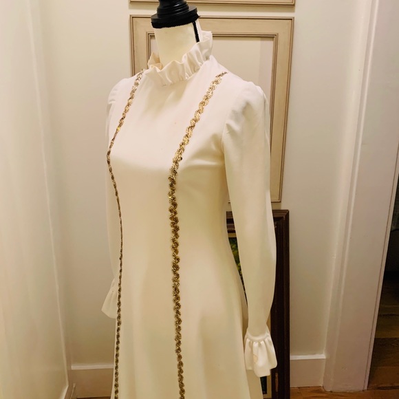 White Formal Dress With Ruffle And Gold Sequins - Picture 7 of 8